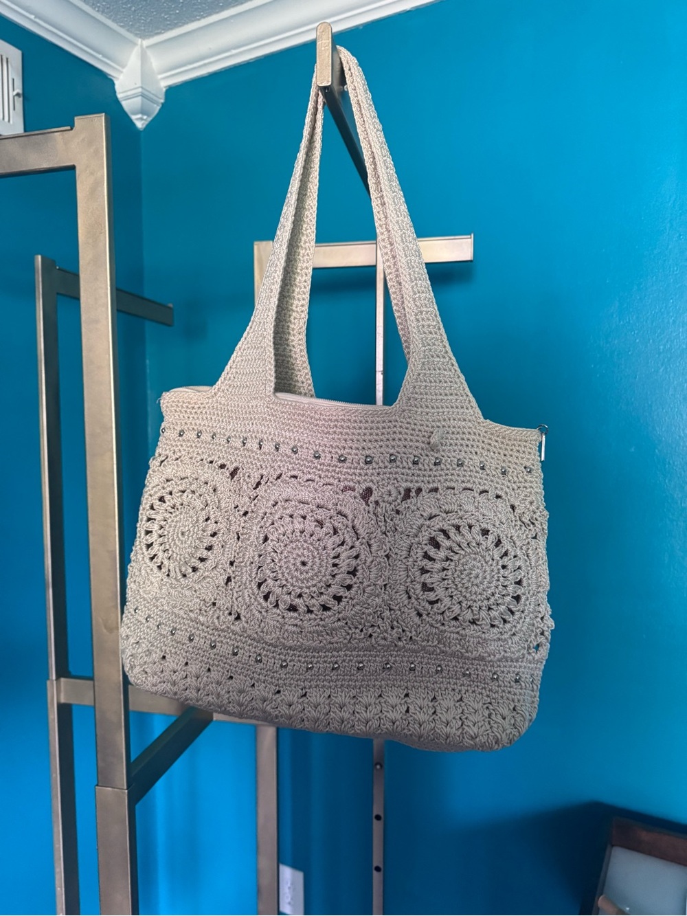 The Sak Cream Crochet Tote Bag with Circular Motifs 16wx11h